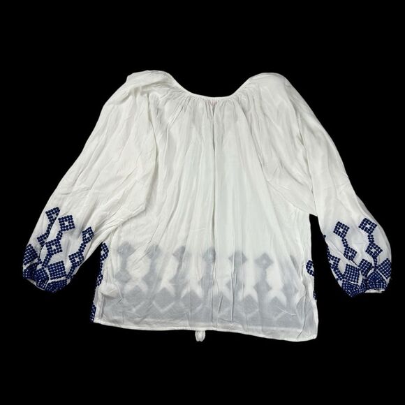Devlin Boho Embroidered Long Sleeve V-Neck Women Top Medium White/Blue - Picture 3 of 6